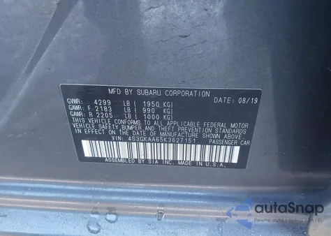 2019 Subaru Impreza 2.0I z USA, uszkodzony, nr VIN 4S3GKAA65K3627151